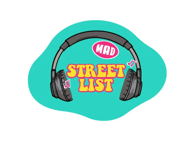 Λογότυπο της εκπομπής Street List με ακουστικά και μουσικές νότες.