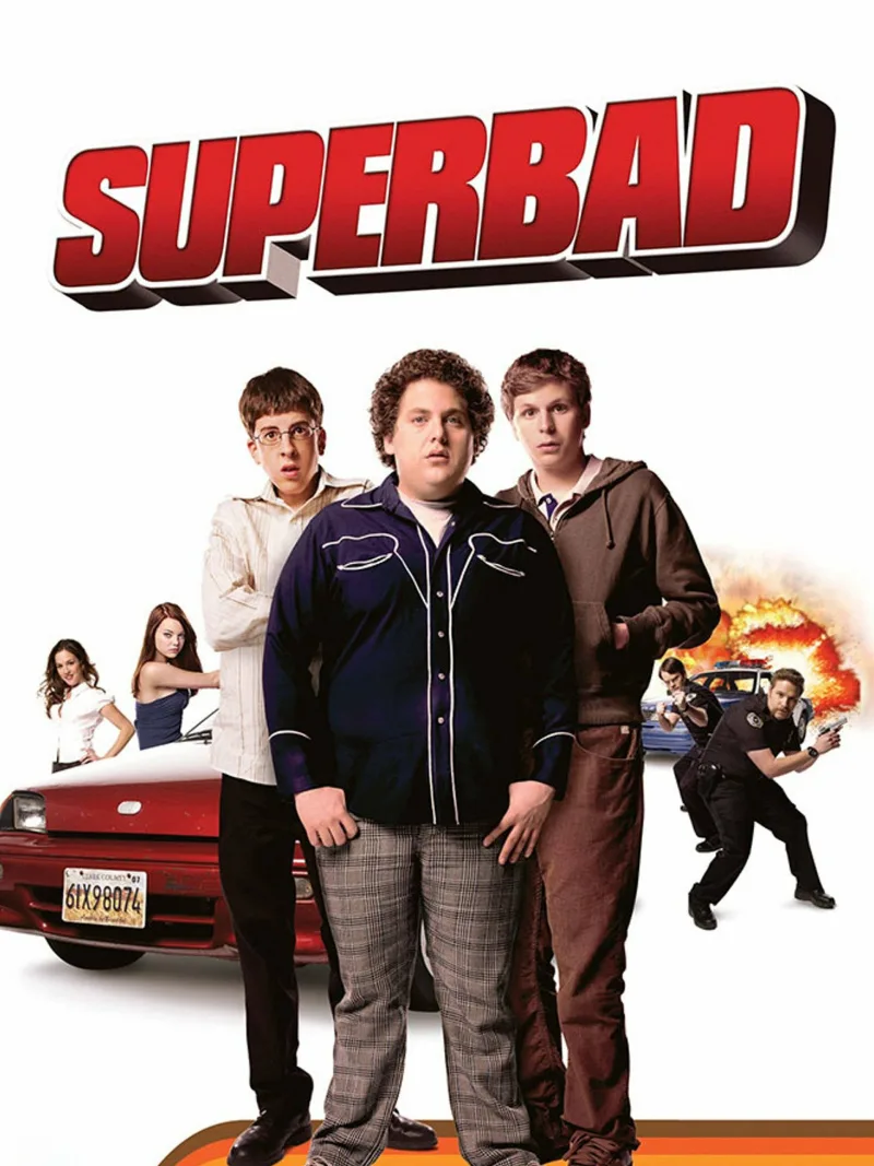 Αφίσα της ταινίας Superbad με τους πρωταγωνιστές σε λευκό φόντο.