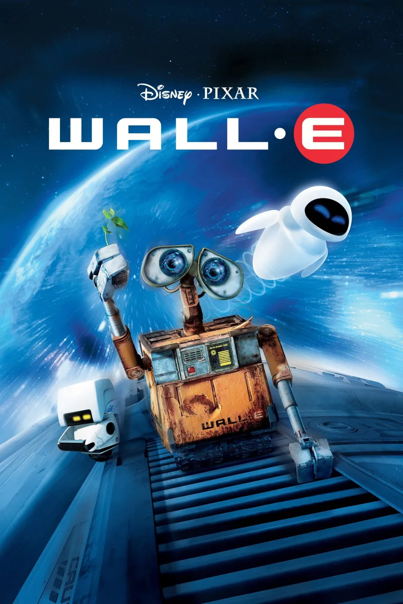 Αφίσα της ταινίας κινουμένων σχεδίων WALL-E με τους ρομποτικούς χαρακτήρες στο διάστημα.