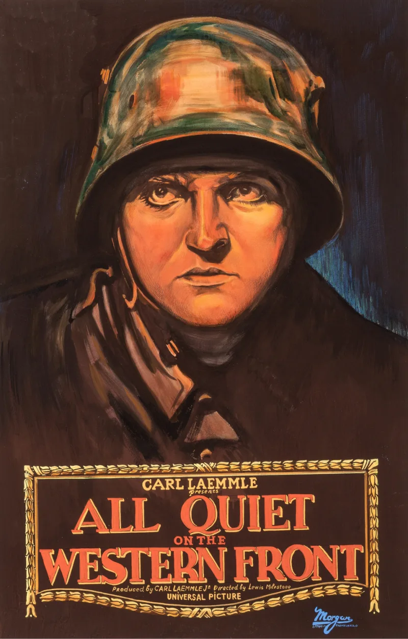 Αφίσα της ταινίας All Quiet on the Western Front με στρατιώτη που φορά κράνος.