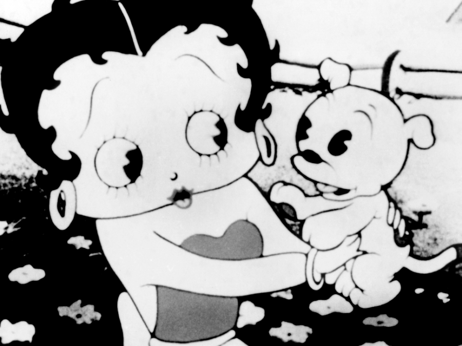 Η Betty Boop κρατάει στην αγκαλιά της έναν μικρό σκύλο σε ασπρόμαυρο σκίτσο.