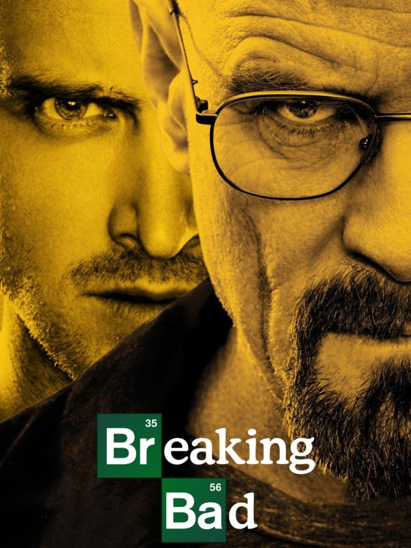 Κοντινό πλάνο των Bryan Cranston και Aaron Paul από τη σειρά Breaking Bad σε κίτρινο φόντο.