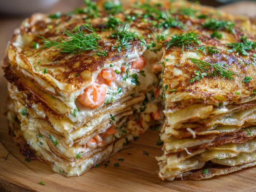 Αλμυρό mille-crêpe με στρώσεις από κρέπες, ένα εύκολο και νόστιμο κρύο πιάτο.