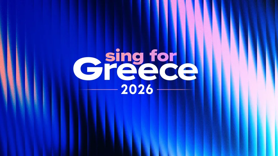 Γραφιστικό με το μήνυμα "Sing for Greece 2026" για την επερχόμενη Eurovision και τους υποψήφιους Έλληνες καλλιτέχνες.