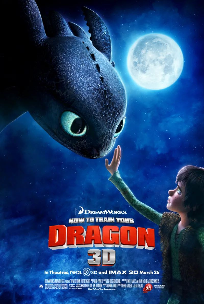 Αφίσα της ταινίας How to Train Your Dragon με τον Toothless και τον Hiccup κάτω από το φεγγάρι.