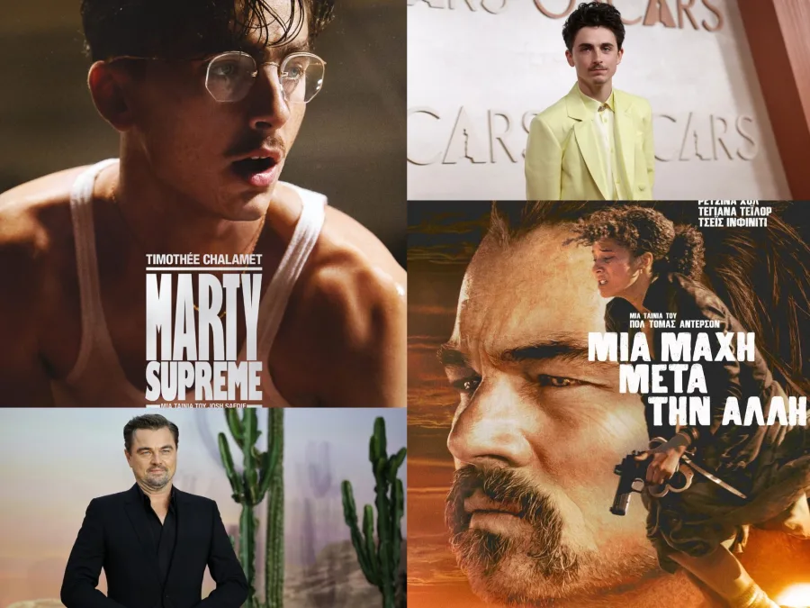 Κολάζ με τους Timothée Chalamet και Leonardo DiCaprio για τις ταινίες Marty Supreme και One Battle After Another.