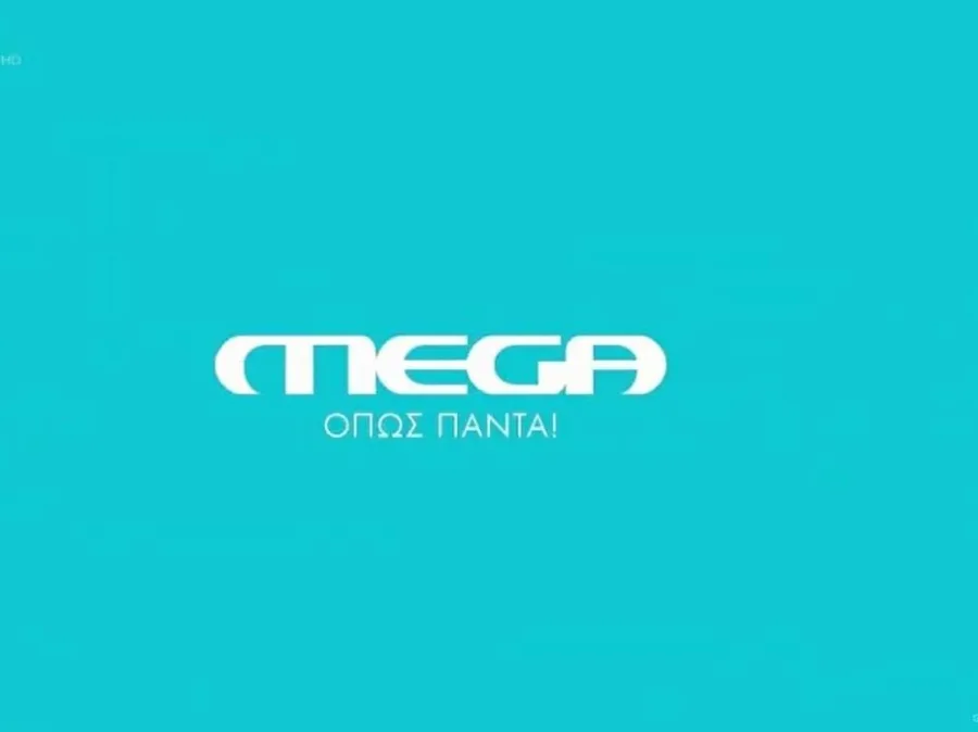 Το λογότυπο του τηλεοπτικού σταθμού MEGA σε γαλάζιο φόντο.