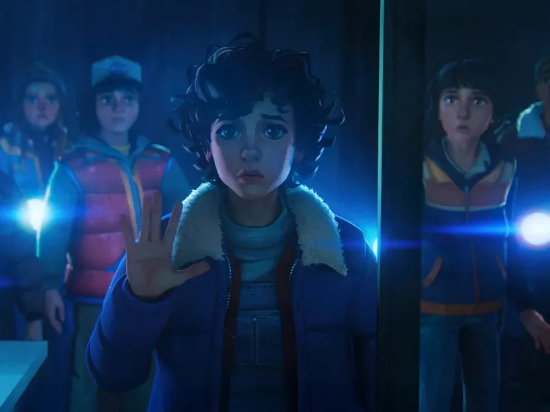 Animated χαρακτήρες από τη σειρά Stranger Things σε σκοτεινό περιβάλλον.