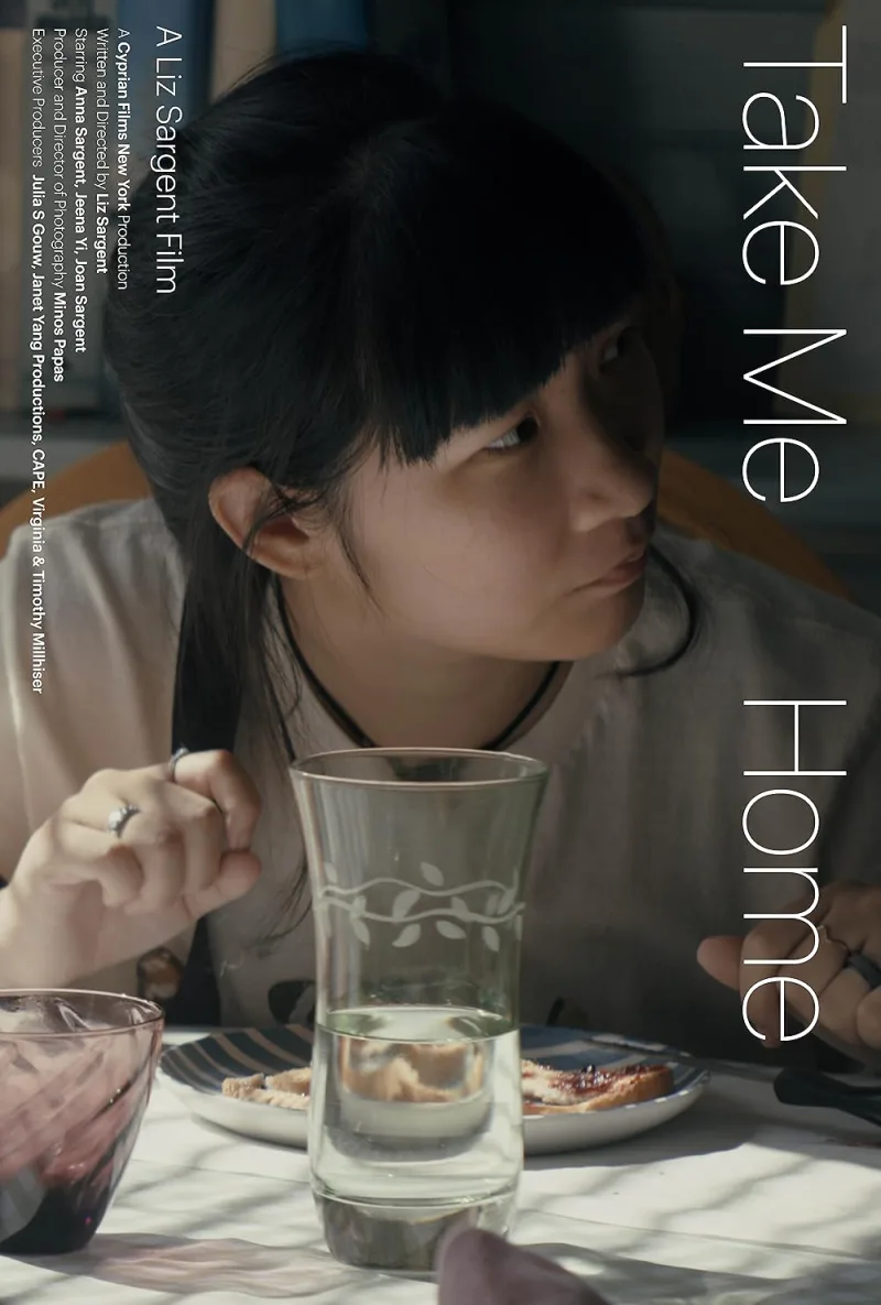 Αφίσα της ταινίας Take Me Home με μια νεαρή γυναίκα σε τραπέζι.