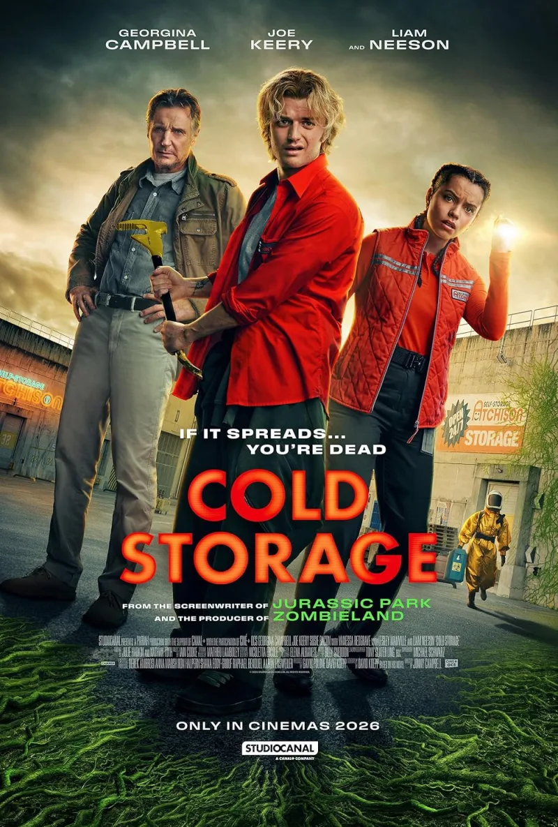 Αφίσα της ταινίας Cold Storage με τον Liam Neeson, τον Joe Keery και την Georgina Campbell.