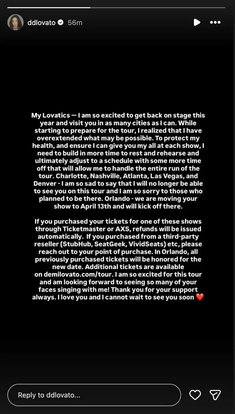 Στιγμιότυπο οθόνης από ανακοίνωση της Demi Lovato στο Instagram.