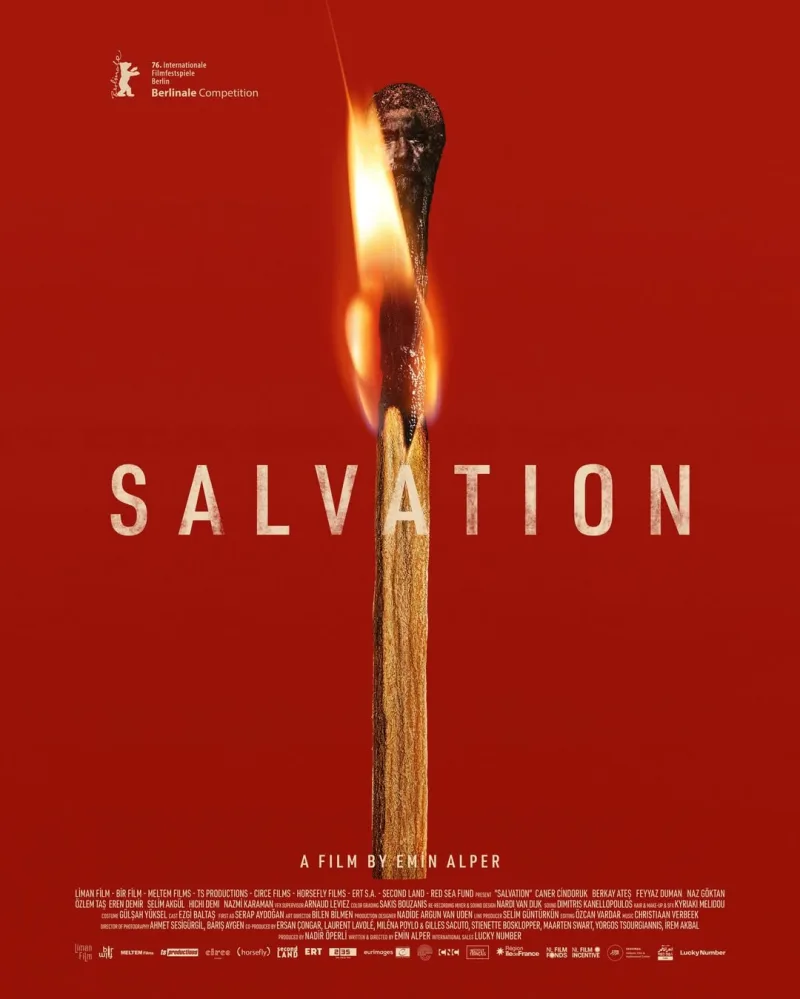 Αφίσα της ταινίας Salvation του Emin Alper με ένα αναμμένο σπίρτο σε κόκκινο φόντο.
