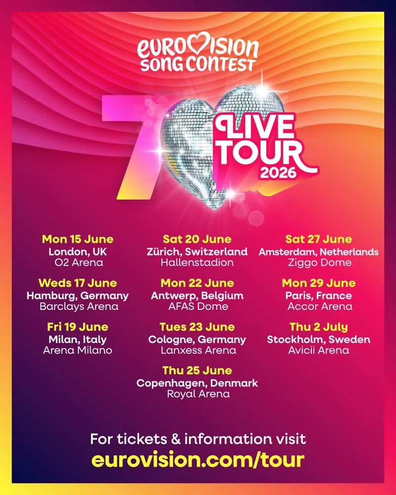 Επετειακή περιοδεία Eurovision Song Contest Live Tour 2026 με ημερομηνίες και πόλεις διεξαγωγής.