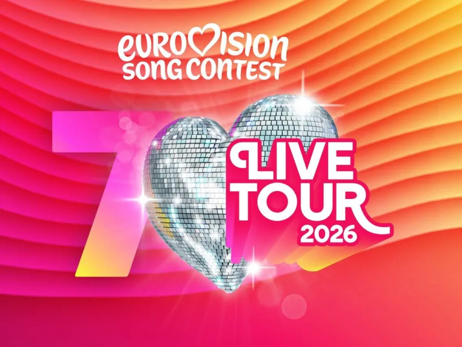 Αφίσα για το Eurovision Song Contest Live Tour 2026 με μια ντισκομπάλα σε σχήμα καρδιάς.