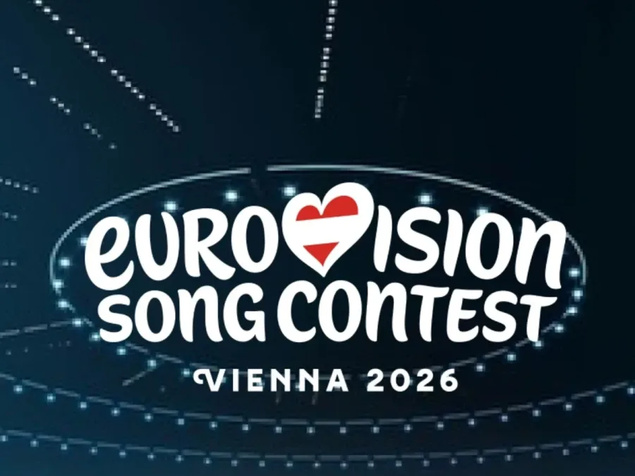 Το λογότυπο του Eurovision Song Contest Vienna 2026 με την αυστριακή σημαία στην καρδιά, ανακοινώνει την πόλη διεξαγωγής του διαγωνισμού.