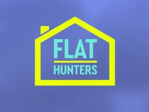 Το λογότυπο της εκπομπής Flat Hunters σε κίτρινο και γαλάζιο χρώμα.