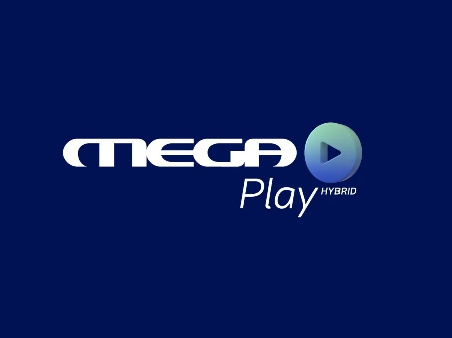 Το λογότυπο του MEGA Play Hybrid σε μπλε φόντο.