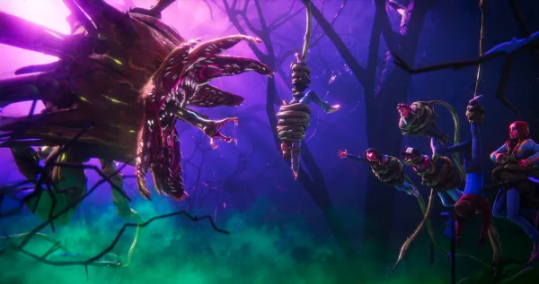 Σκηνή από τη νέα animated σειρά Stranger Things Tales from ’85 με τέρας και παιδιά παγιδευμένα σε κισσούς.