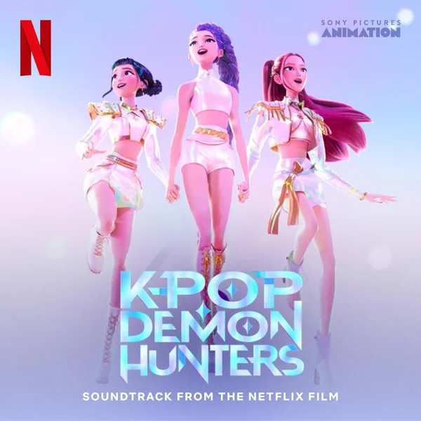 Τρεις χαρακτήρες από το K-Pop Demon Hunters του Netflix, με το λογότυπο του Netflix και της Sony Pictures Animation.