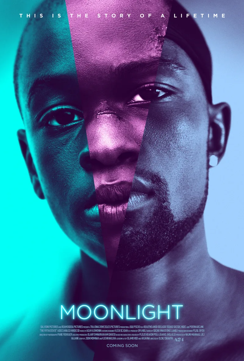 Αφίσα της ταινίας Moonlight, που έκανε πρεμιέρα στο ERTFLIX, με πορτρέτο άνδρα σε έντονα χρώματα.