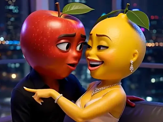 Το AI reality Fruit Love Island παρουσιάζει ένα μήλο και ένα λεμόνι σε ρομαντική σκηνή, με φόντο νυχτερινή πόλη.