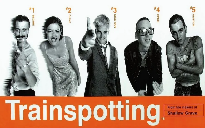 Αφίσα της ταινίας Trainspotting με τους πέντε πρωταγωνιστές σε ασπρόμαυρο φόντο.