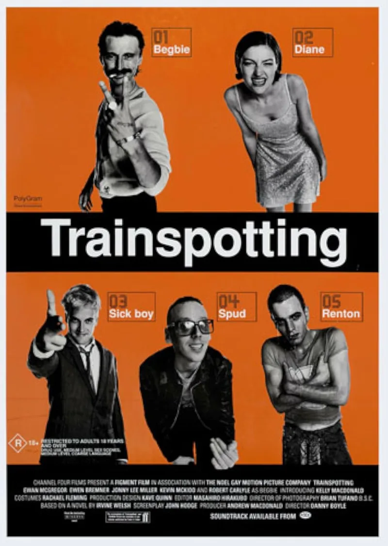 Αφίσα της ταινίας Trainspotting με τους πέντε κεντρικούς χαρακτήρες σε πορτοκαλί φόντο.