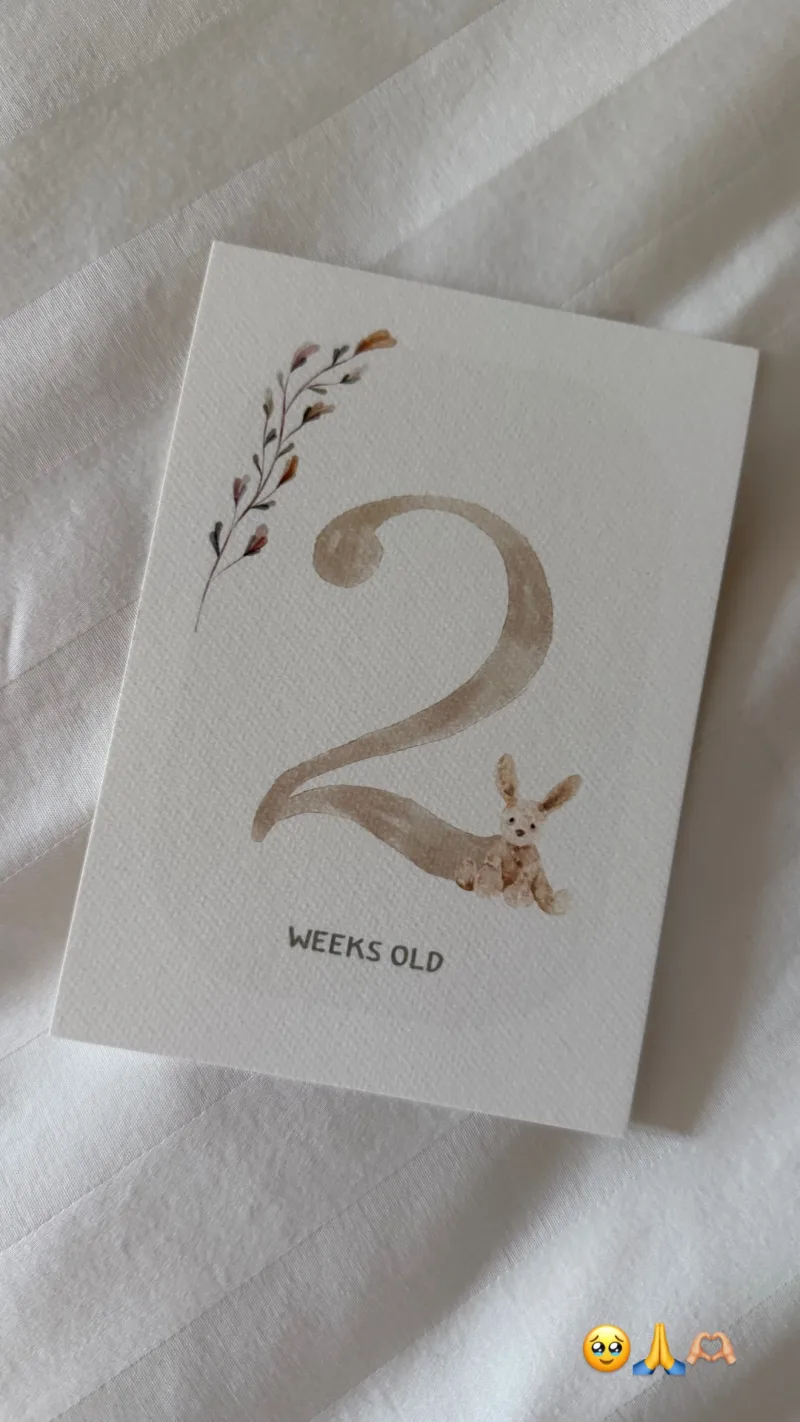 Κάρτα με τον αριθμό 2 και τη φράση «2 weeks old» από το Instagram story της Κατερίνας Καινούργιου για το μωρό της.