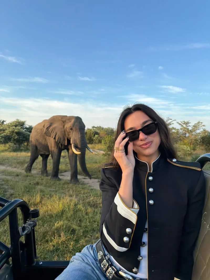 Η Dua Lipa απολαμβάνει σαφάρι στη Νότια Αφρική με φόντο έναν ελέφαντα, σε στιγμές χαλάρωσης μακριά από τα φώτα της δημοσιότητας.