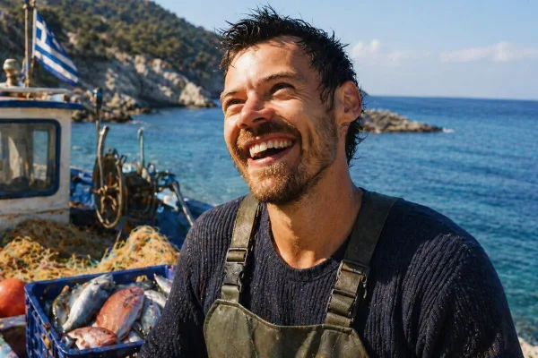 Ο Harry Styles χαμογελάει δίπλα σε ένα αλιευτικό σκάφος με ελληνική σημαία, απολαμβάνοντας τα ελληνικά λιβάδια.