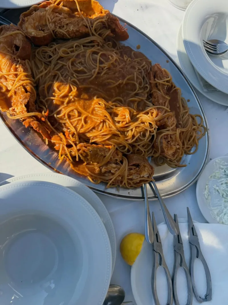 Πασχαλινές διακοπές Χρήστου Μάστορα και Γαρυφαλλιάς Καληφώνη: πιάτο με μακαρόνια και αστακό.