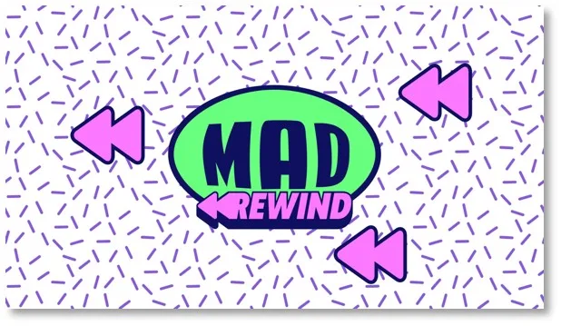 Λογότυπο MAD REWIND σε πράσινο οβάλ πλαίσιο με ροζ βέλη rewind σε μοτίβο με μωβ γραμμές.