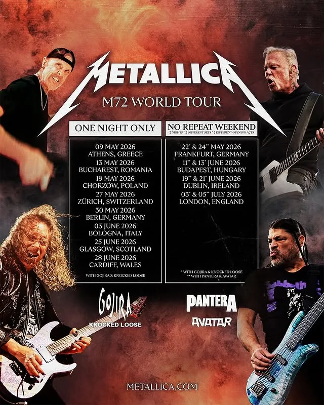 Αφίσα της περιοδείας Metallica M72 World Tour 2026 με ημερομηνίες συναυλιών και φωτογραφίες των μελών του συγκροτήματος.