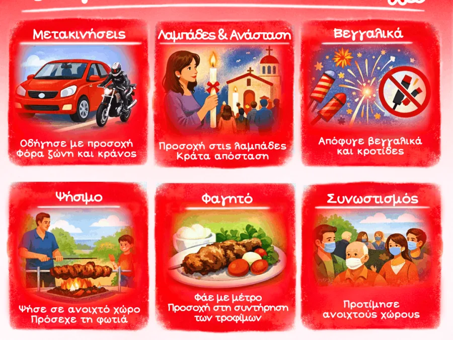 Ο Ελληνικός Ερυθρός Σταυρός δίνει οδηγίες προστασίας για τις μετακινήσεις, τη λαμπάδα, τα βεγγαλικά, το ψήσιμο και το φαγητό ενόψει Πάσχα.