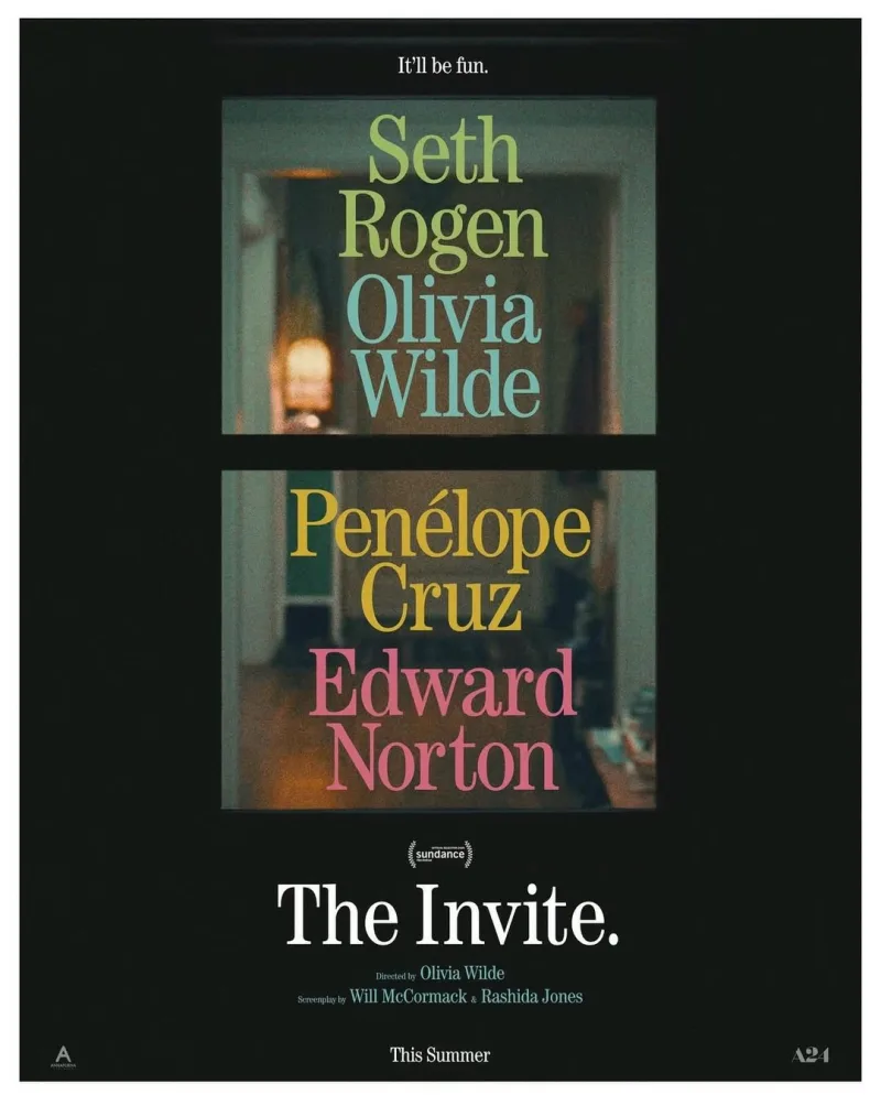 Αφίσα της ταινίας «The Invite» με τους ηθοποιούς Seth Rogen, Olivia Wilde, Penélope Cruz και Edward Norton.