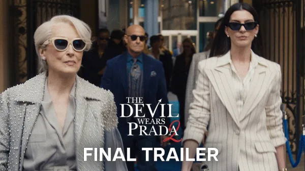 Αφίσα για την ταινία The Devil Wears Prada 2 με τρεις πρωταγωνιστές να περπατούν με κομψά ρούχα.