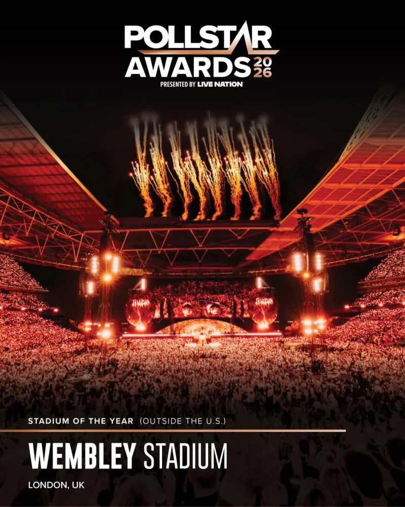 Το Wembley Stadium στο Λονδίνο, νικητής του βραβείου «Stadium of the Year» στα Pollstar Awards 2026, με εντυπωσιακά πυροτεχνήματα.
