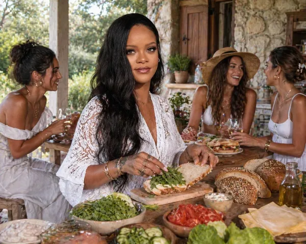 Η Rihanna ετοιμάζει σάντουιτς σε ένα τραπέζι με φίλες, απολαμβάνοντας ένα γεύμα στα ελληνικά λιβάδια.
