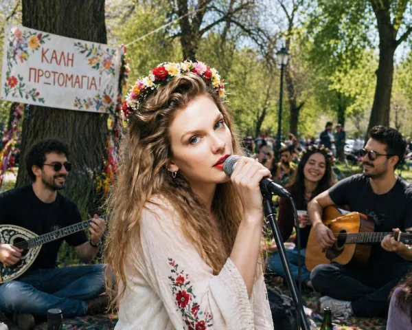 Η τραγουδίστρια με στεφάνι λουλουδιών τραγουδάει σε υπαίθρια εκδήλωση για την Πρωτομαγιά με μουσικούς.