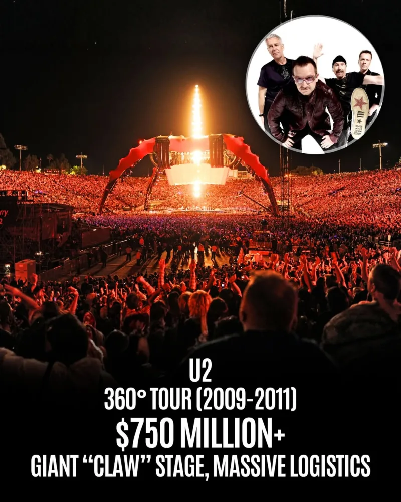 Οι U2 με την 360° Tour (2009-2011) και το εντυπωσιακό σκηνικό "Claw" αποτελούν μια από τις πιο ακριβές παραγωγές συναυλιών.