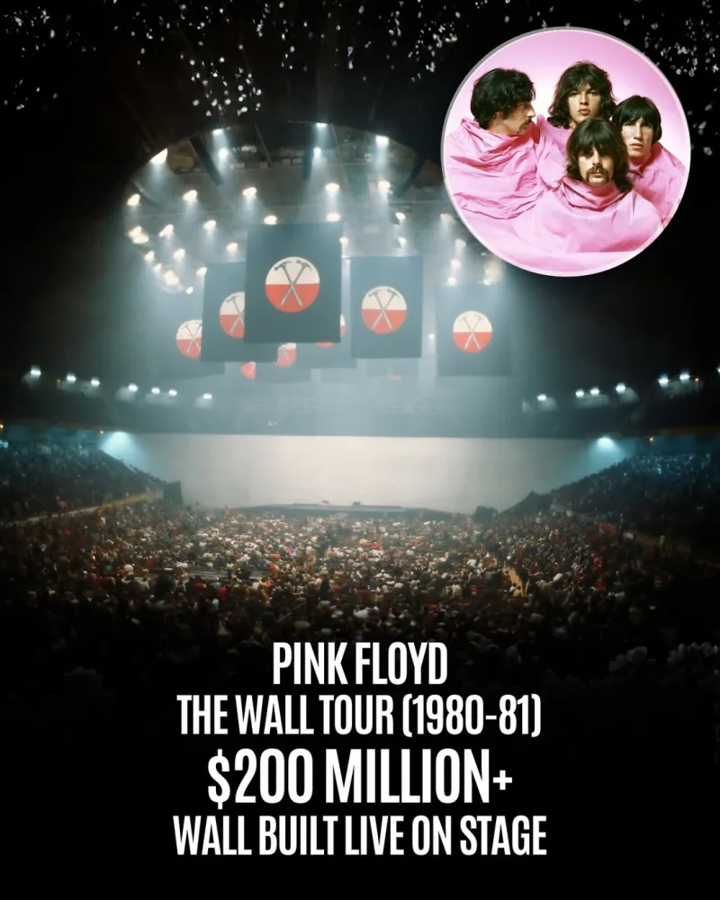 Οι Pink Floyd κατά τη διάρκεια της ιστορικής περιοδείας The Wall Tour (1980-81) με τη χαρακτηριστική κατασκευή τείχους επί σκηνής.