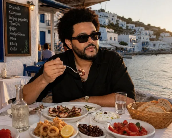 Ο The Weeknd απολαμβάνει ελληνικά εδέσματα σε ταβέρνα, φανταζόμενος πού θα έπιανε τον Μάη.