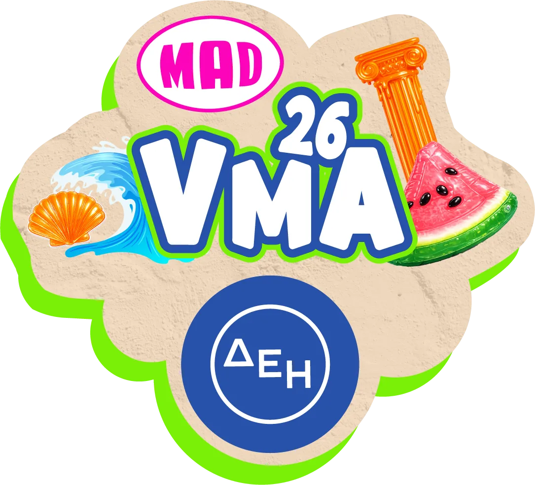 Λογότυπο MAD VMA 26 με καλοκαιρινά στοιχεία και λογότυπο ΔΕΗ.