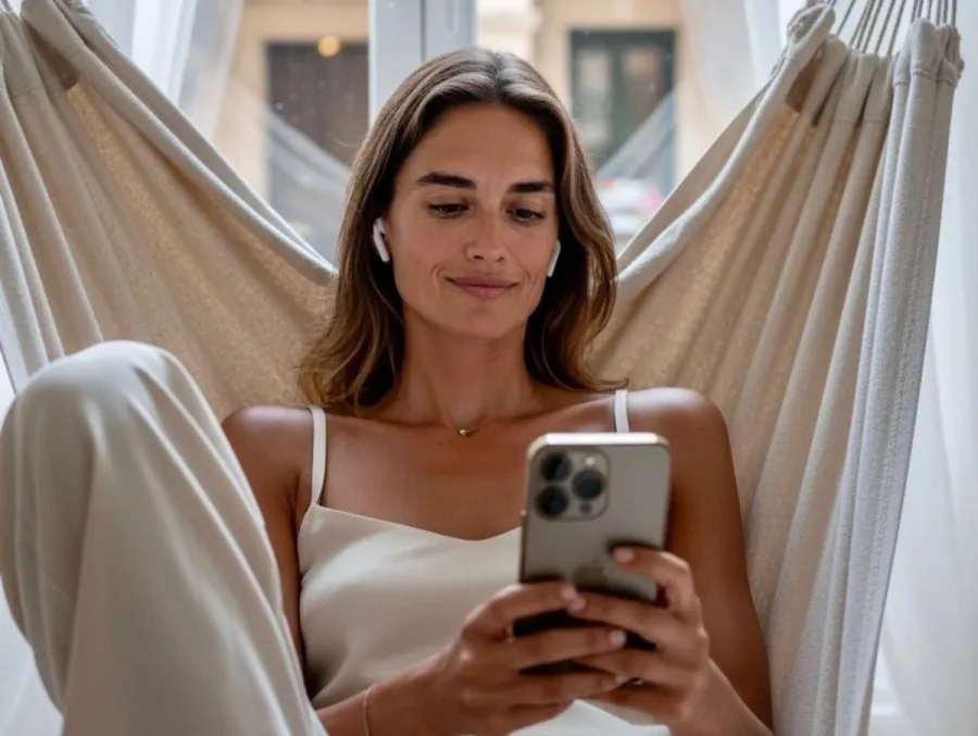 Γυναίκα με ακουστικά και smartphone σε αιώρα, ετοιμάζεται να ελέγξει τα social media της.