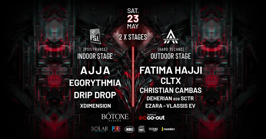 Αφίσα για το Rave Experience στο Botoxe Athens με τους Ajja και Fatima Hajji σε 2 stages.