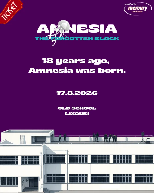 Αφίσα για το event "Pali Ekei 2026" με τίτλο Amnesia, ημερομηνία 17.8.2026 και τόπο Old School Lixouri.