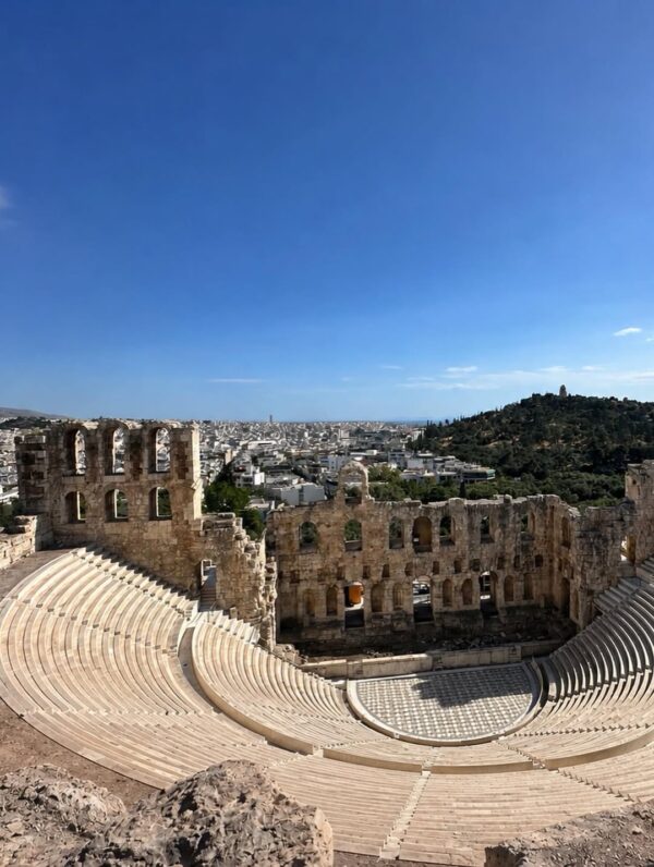 Το Ωδείο Ηρώδου του Αττικού στην Αθήνα, με φόντο την πόλη, σε μια ηλιόλουστη μέρα.