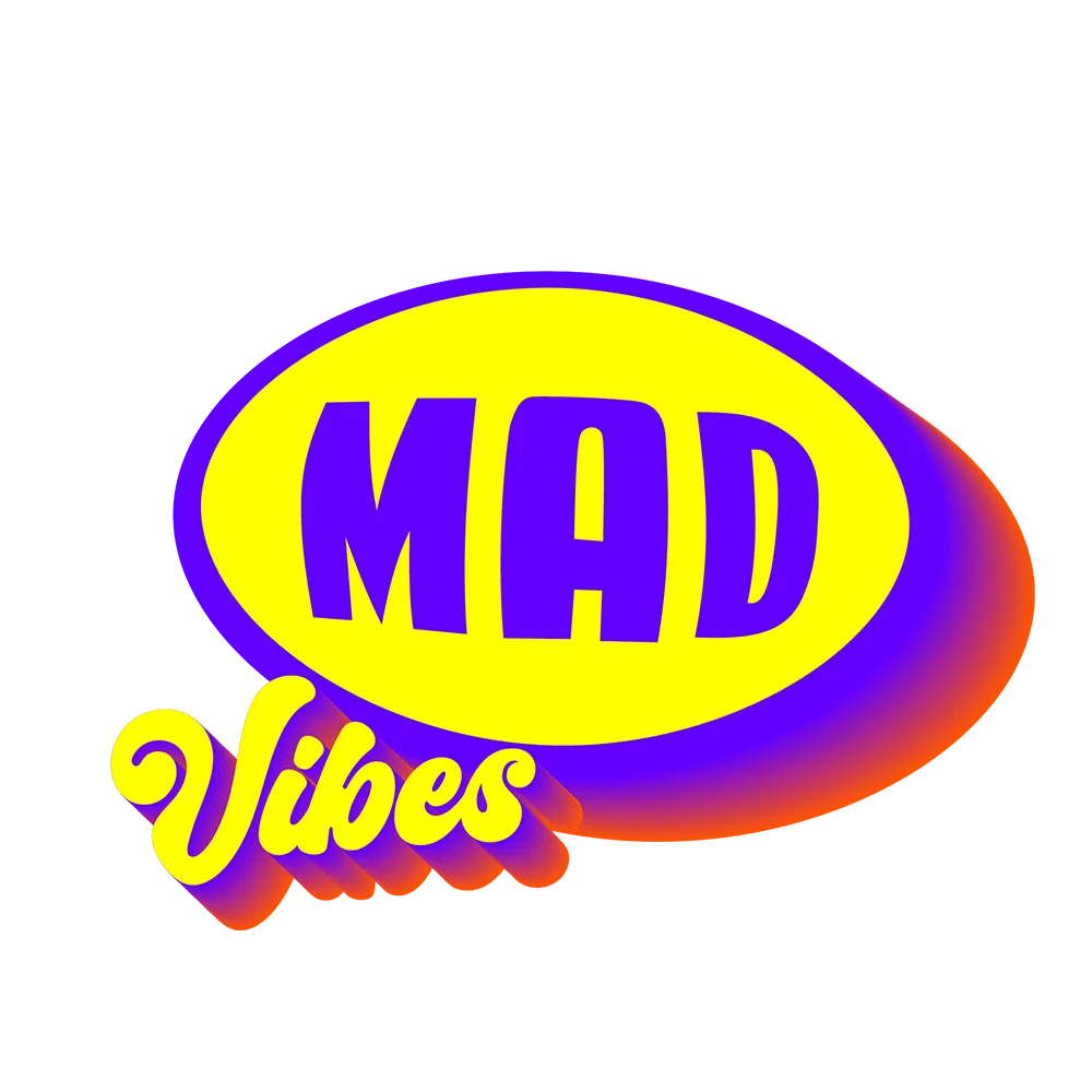 Λογότυπο Mad Vibes σε κίτρινο, μωβ και πορτοκαλί χρώμα.
