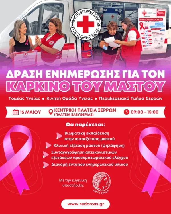 Εθελόντριες του Ελληνικού Ερυθρού Σταυρού σε δράση ενημέρωσης και πρόληψης για τον καρκίνο του μαστού.