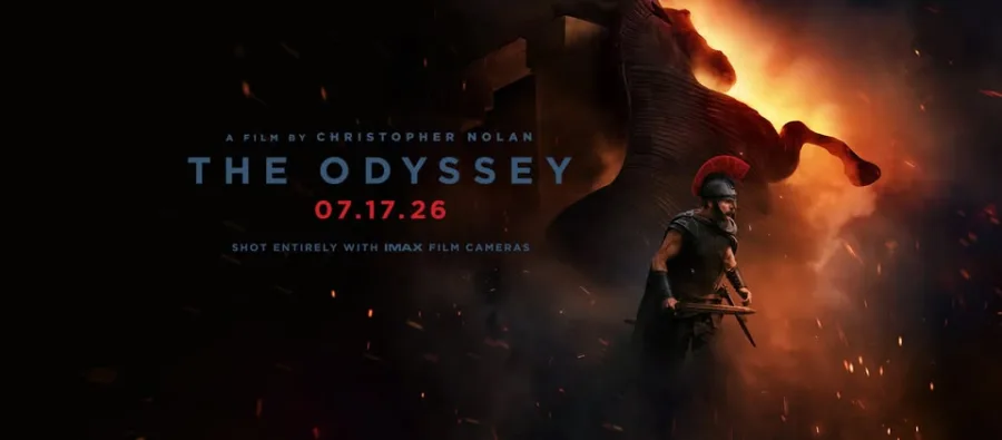 Αφίσα της ταινίας "The Odyssey" του Christopher Nolan με στρατιώτη και φλεγόμενο φόντο.